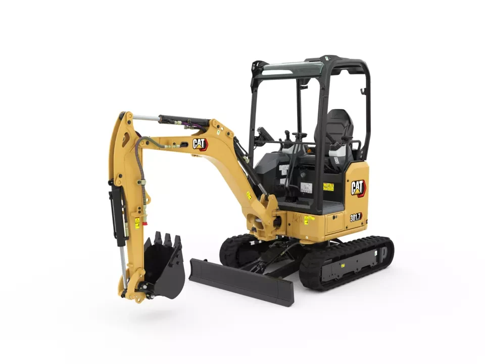 Cat 301.7 CR OEM product image showing the compact body, canopy and dozer blade.
