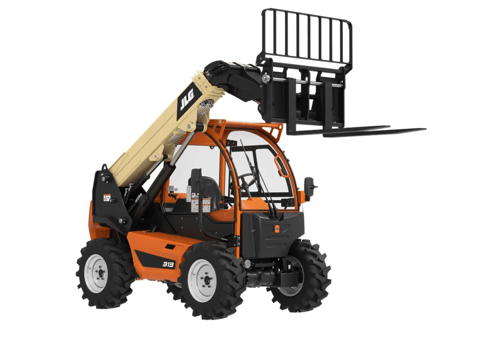 JLG 313 OEM product image showing the telescopic boom, carriage and pallet forks.